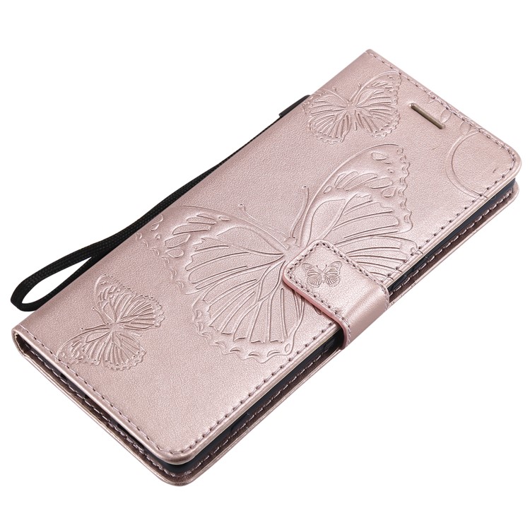 For Sony Xperia 1 Imprint Butterflies Leather Wallet Shell with Strap - Rose Gold-4