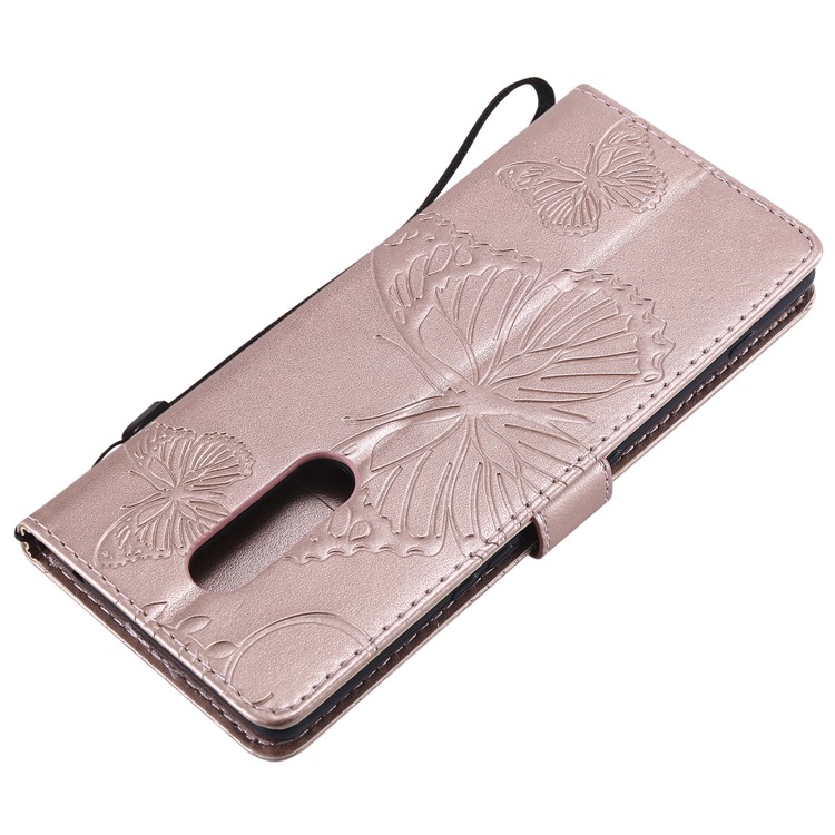 For Sony Xperia 1 Imprint Butterflies Leather Wallet Shell with Strap - Rose Gold-5
