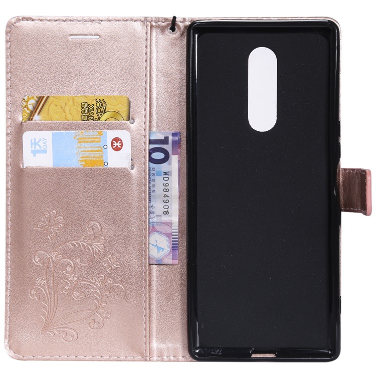 For Sony Xperia 1 Imprint Butterflies Leather Wallet Shell with Strap - Rose Gold-6