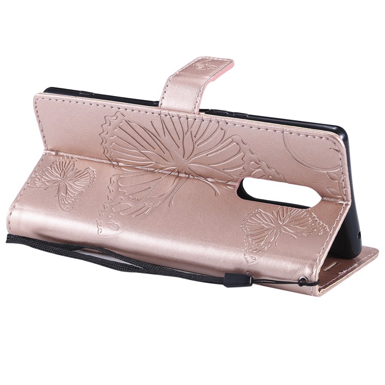 For Sony Xperia 1 Imprint Butterflies Leather Wallet Shell with Strap - Rose Gold-7