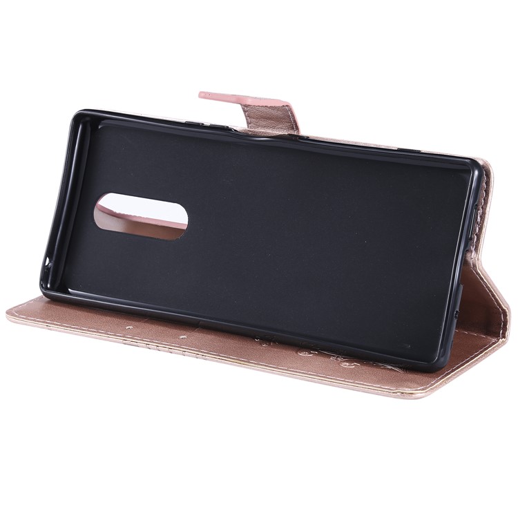 For Sony Xperia 1 Imprint Butterflies Leather Wallet Shell with Strap - Rose Gold-8