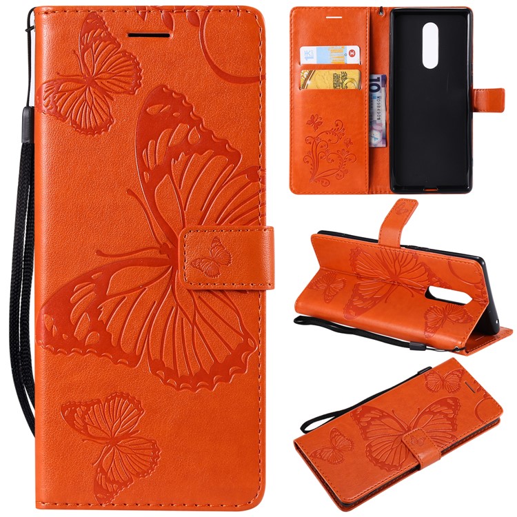 For Sony Xperia 1 Imprint Butterflies Leather Stand Flip Casing with Strap - Orange-1