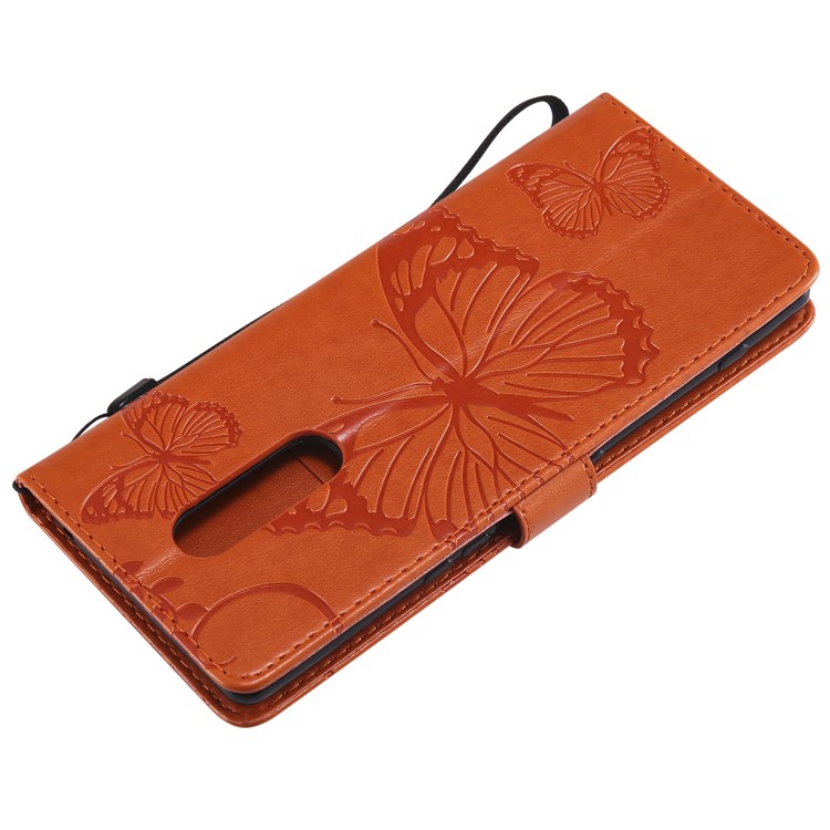 For Sony Xperia 1 Imprint Butterflies Leather Stand Flip Casing with Strap - Orange-6