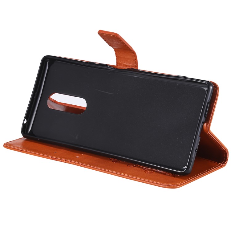 For Sony Xperia 1 Imprint Butterflies Leather Stand Flip Casing with Strap - Orange-8