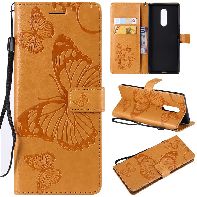 For Sony Xperia 1 Imprint Butterflies Leather Wallet Mobile Cover with Strap - Yellow-1