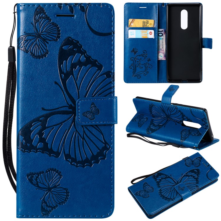 For Sony Xperia 1 Imprint Butterflies Leather Stand Mobile Shell with Strap - Blue-1