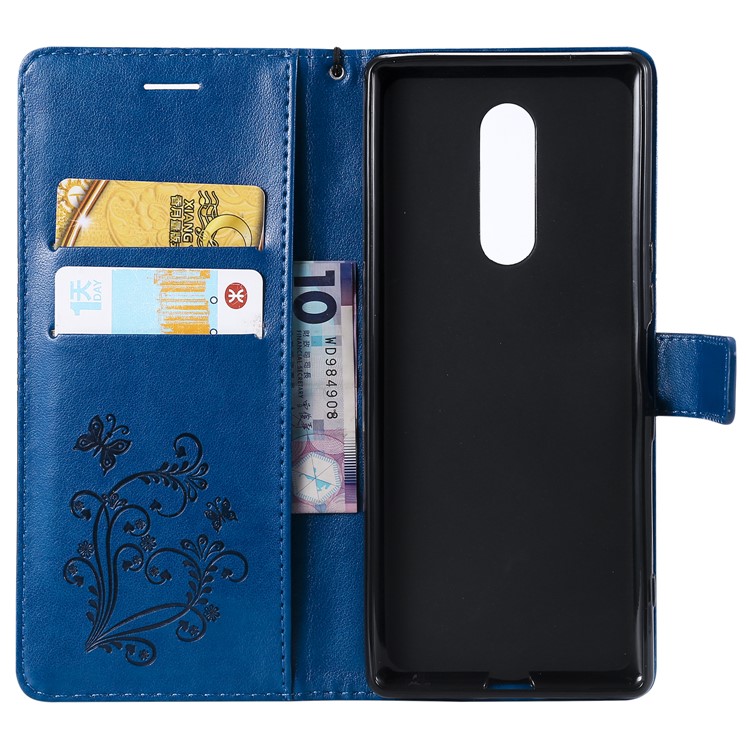 For Sony Xperia 1 Imprint Butterflies Leather Stand Mobile Shell with Strap - Blue-4