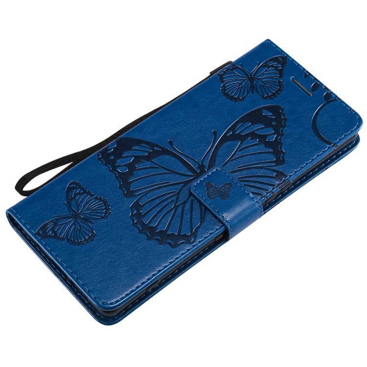 For Sony Xperia 1 Imprint Butterflies Leather Stand Mobile Shell with Strap - Blue-5