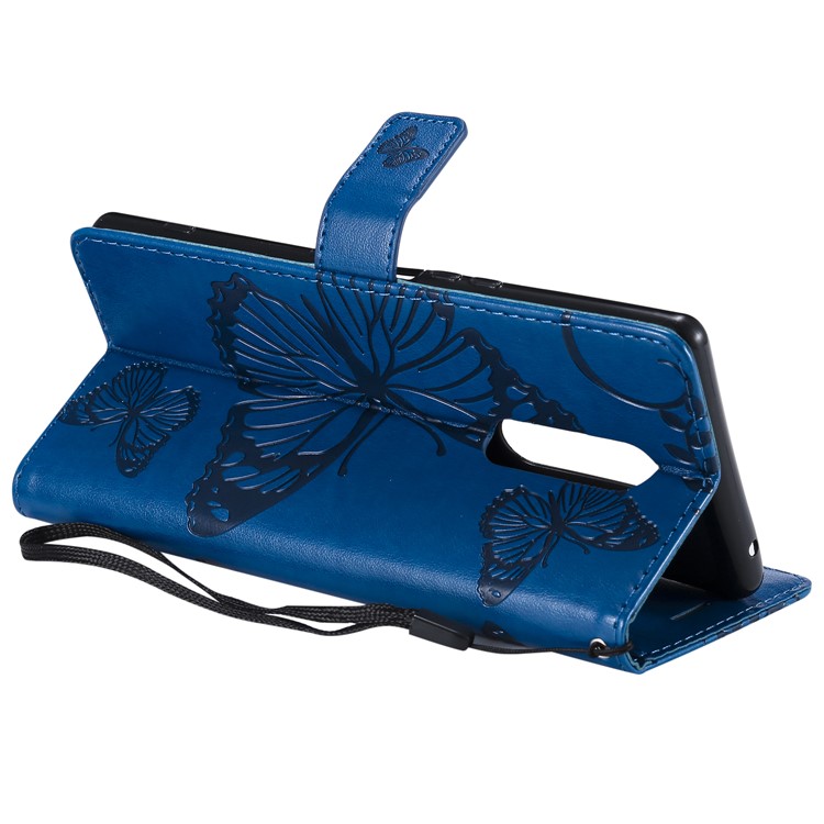 For Sony Xperia 1 Imprint Butterflies Leather Stand Mobile Shell with Strap - Blue-7
