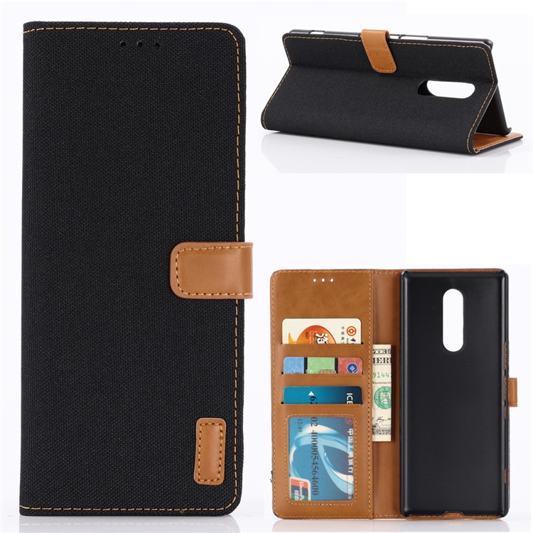 Oxford Cloth Wallet Stand PU Leather Cover for Sony Xperia 1 - Black-1