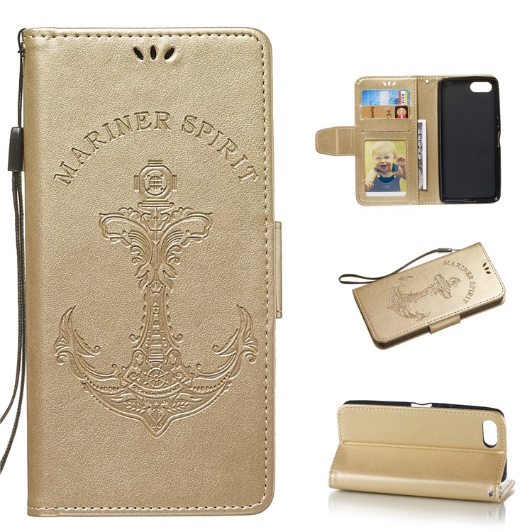 Imprint Anchor Wallet Leather Stand Case Cover for Sony Xperia XZ4 Compact - Gold-1