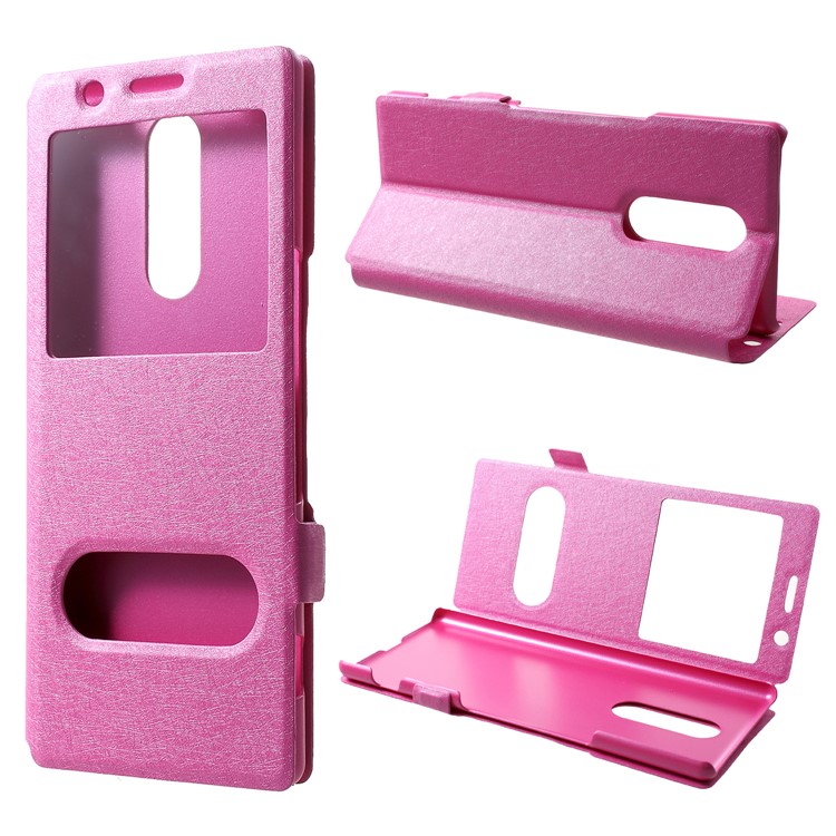 For Sony Xperia 1 Silk Texture Dual Window Leather Stand Phone Case - Rose-1