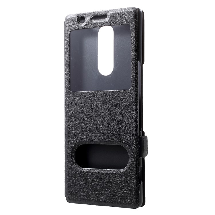 For Sony Xperia 1 Silk Texture Dual Window Leather Stand Phone Shell - Black-3