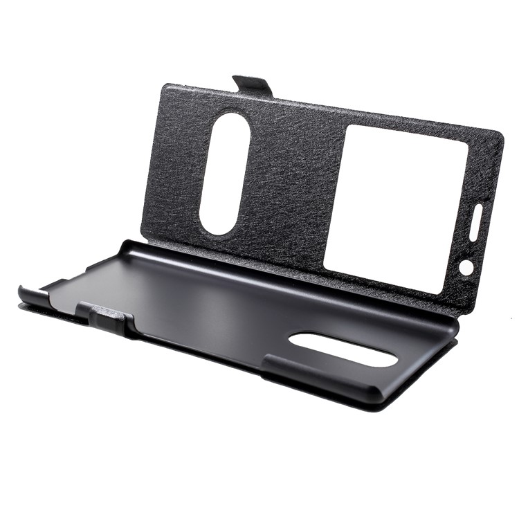 For Sony Xperia 1 Silk Texture Dual Window Leather Stand Phone Shell - Black-5