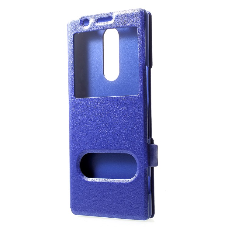 For Sony Xperia 1 Silk Texture Dual Window Leather Stand Cellphone Cover - Blue-3