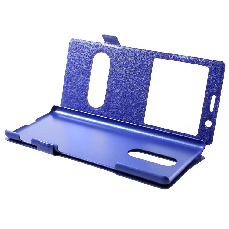 For Sony Xperia 1 Silk Texture Dual Window Leather Stand Cellphone Cover - Blue-5