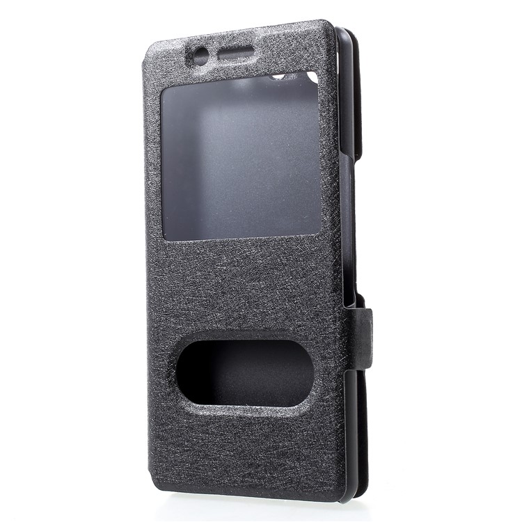 Silk Texture Dual Window Leather Cover for Sony Xperia XZ4 Compact - Black-3