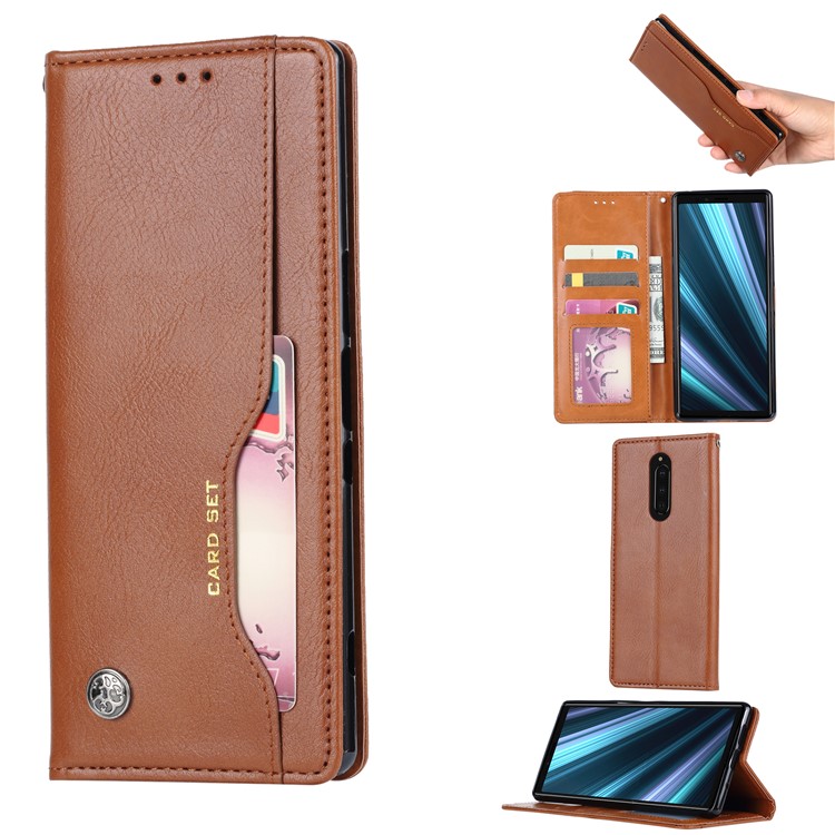 PU Leather Auto-absorbed Stand Wallet Protective Flip Casing for Sony Xperia 1 - Brown-1