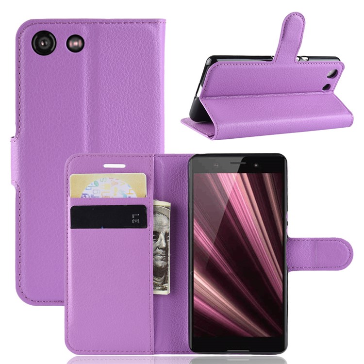 Litchi Texture Wallet Leather Cover Shell for Sony Xperia XZ4 Compact - Purple-1