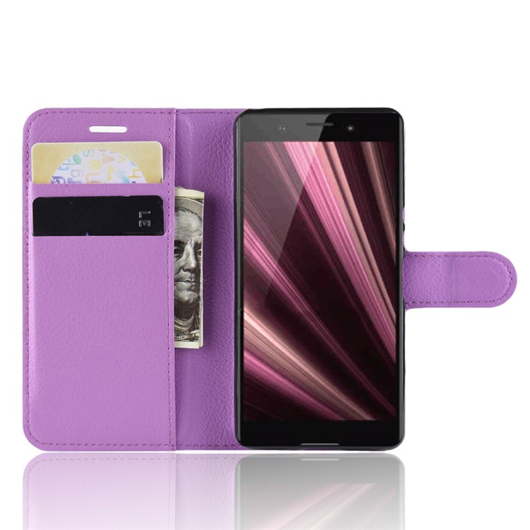 Litchi Texture Wallet Leather Cover Shell for Sony Xperia XZ4 Compact - Purple-4