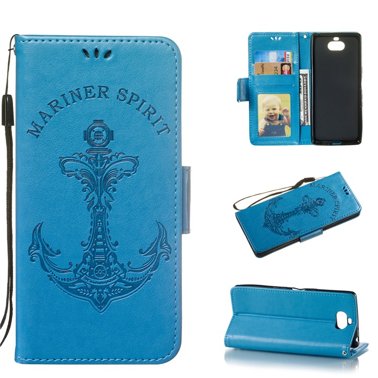 Imprint Anchor Wallet Leather Cell Phone Case for Sony Xperia 10 - Blue-1
