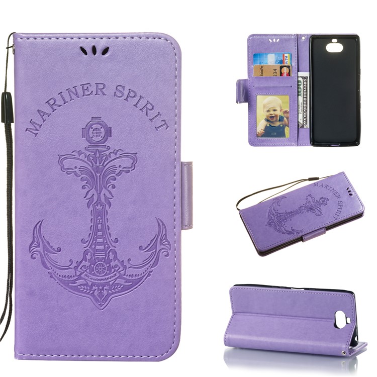 Imprint Anchor Wallet Stand Leather Flip Case for Sony Xperia 10 - Purple-1