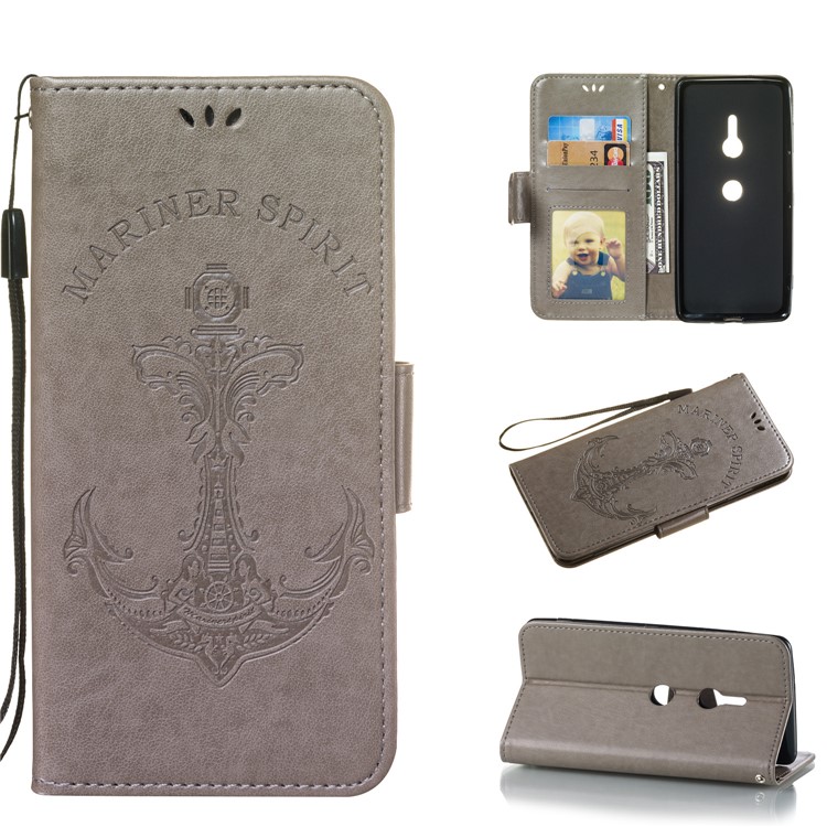 Imprint Anchor Wallet Leather Stand Case for Sony Xperia XZ3 - Grey-1