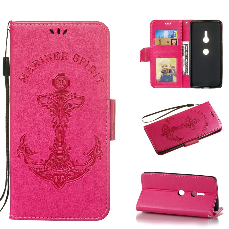 Imprint Anchor Wallet Leather Stand Cover for Sony Xperia XZ3 - Rose-1