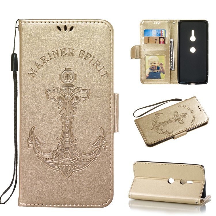 Imprint Anchor Wallet Leather Mobile Shell for Sony Xperia XZ3 - Gold-1