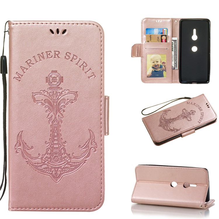 Imprint Anchor Wallet Leather Protective Case for Sony Xperia XZ3 - Rose Gold-1