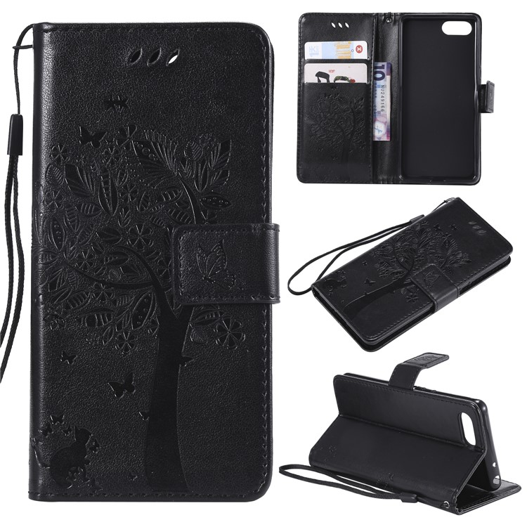 Imprint Cat and Tree Wallet Stand PU Leather Case for Sony Xperia XZ4 Compact - Black-1