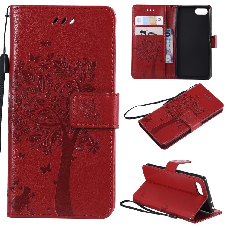 Imprint Cat and Tree Wallet Stand PU Leather Case for Sony Xperia XZ4 Compact - Red-1
