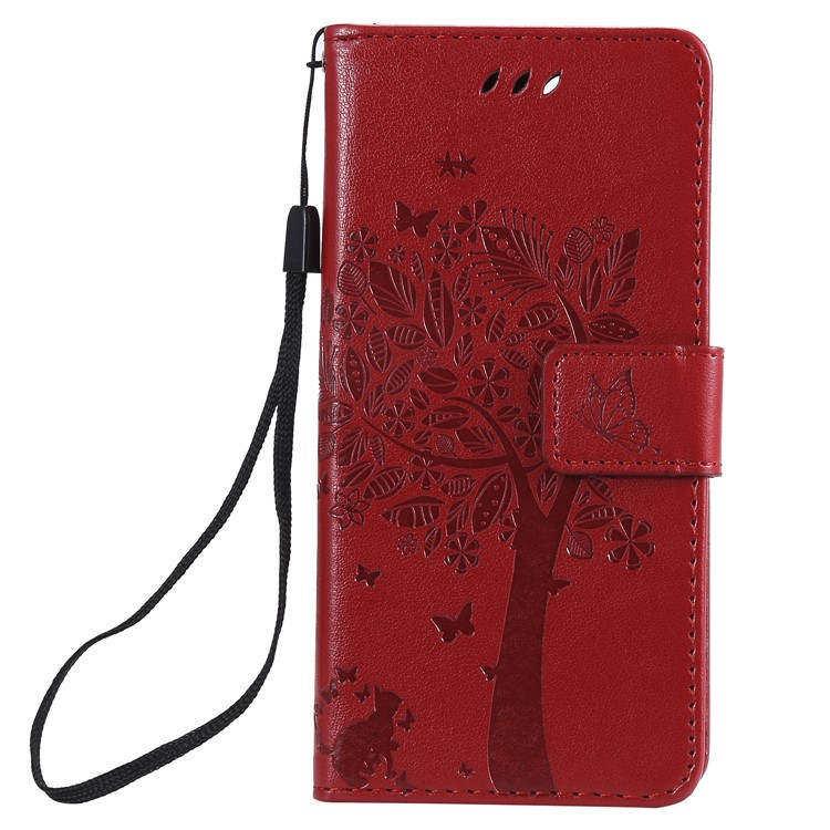 Imprint Cat and Tree Wallet Stand PU Leather Case for Sony Xperia XZ4 Compact - Red-2
