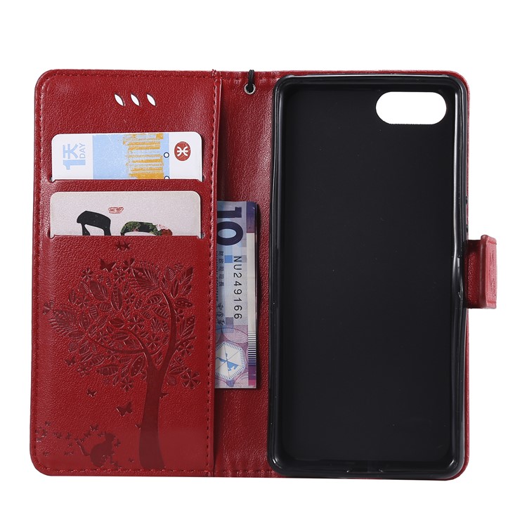 Imprint Cat and Tree Wallet Stand PU Leather Case for Sony Xperia XZ4 Compact - Red-4