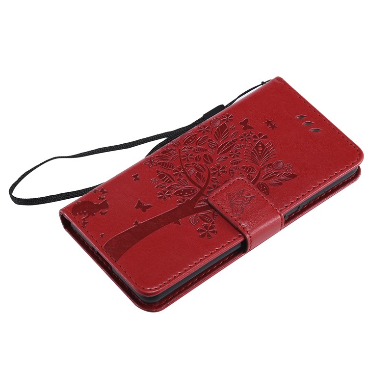 Imprint Cat and Tree Wallet Stand PU Leather Case for Sony Xperia XZ4 Compact - Red-5