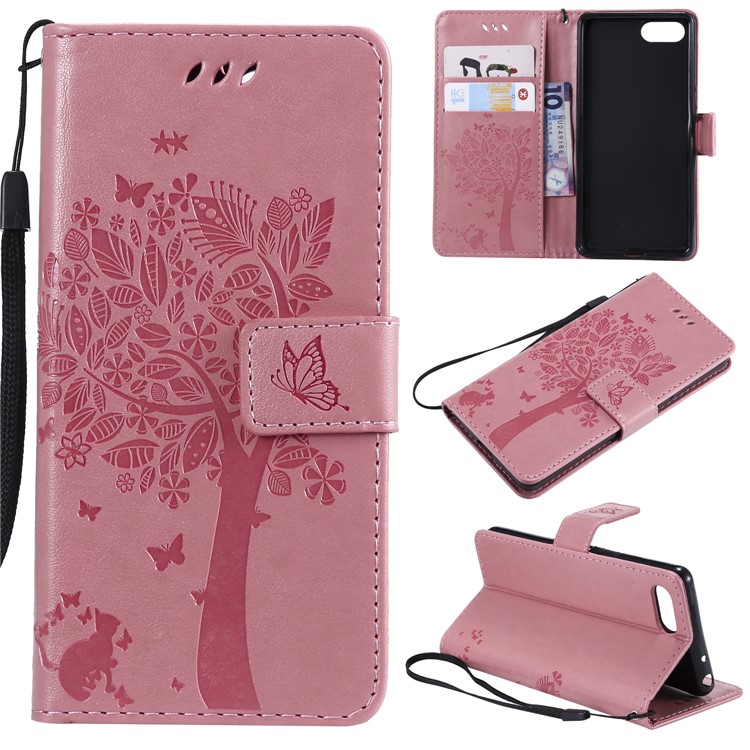 Imprint Cat and Tree Wallet Stand PU Leather Case for Sony Xperia XZ4 Compact - Pink-1