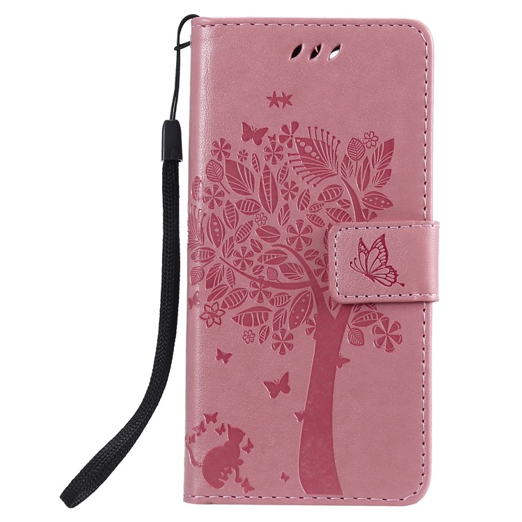 Imprint Cat and Tree Wallet Stand PU Leather Case for Sony Xperia XZ4 Compact - Pink-2