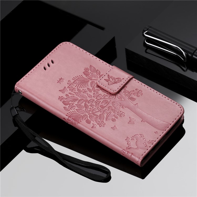 Imprint Cat and Tree Wallet Stand PU Leather Case for Sony Xperia XZ4 Compact - Pink-8
