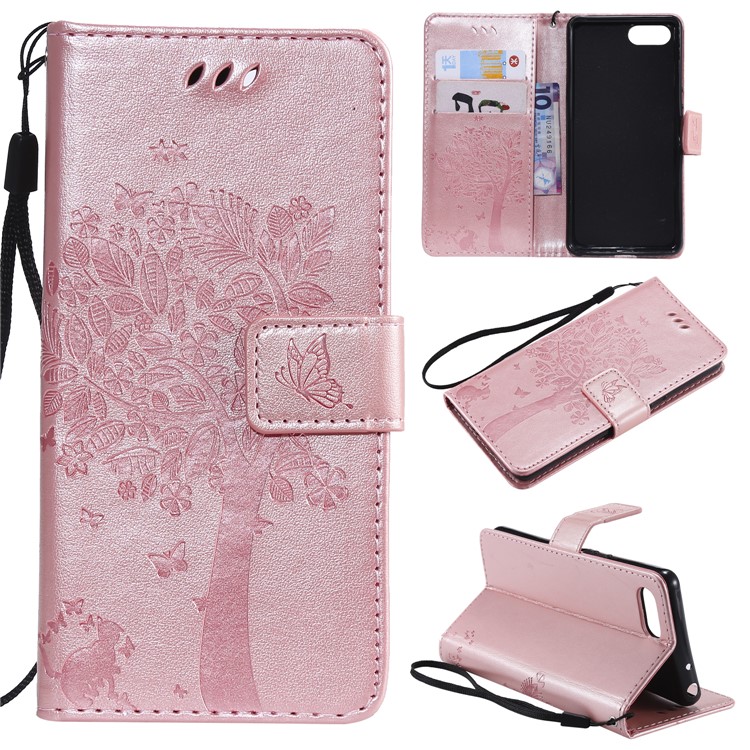 Imprint Cat and Tree Wallet Stand PU Leather Case for Sony Xperia XZ4 Compact - Rose Gold-1