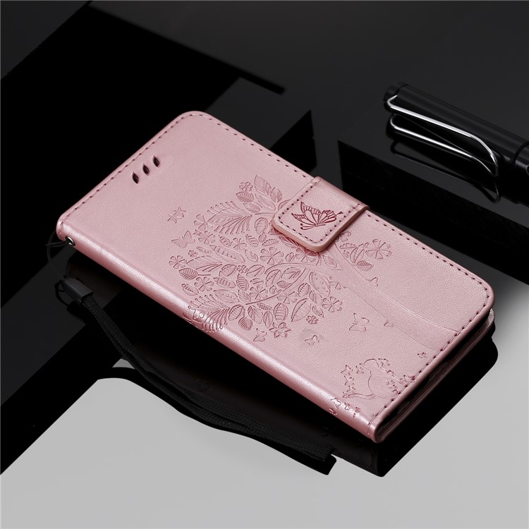 Imprint Cat and Tree Wallet Stand PU Leather Case for Sony Xperia XZ4 Compact - Rose Gold-8