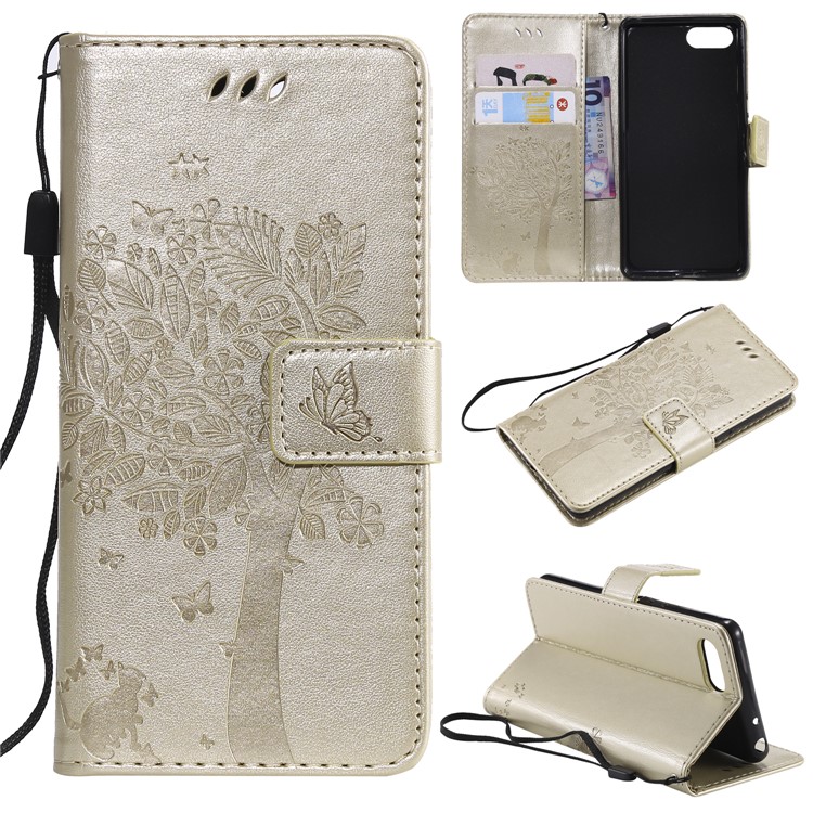 Imprint Cat and Tree Wallet Stand PU Leather Case for Sony Xperia Ace - Gold-1