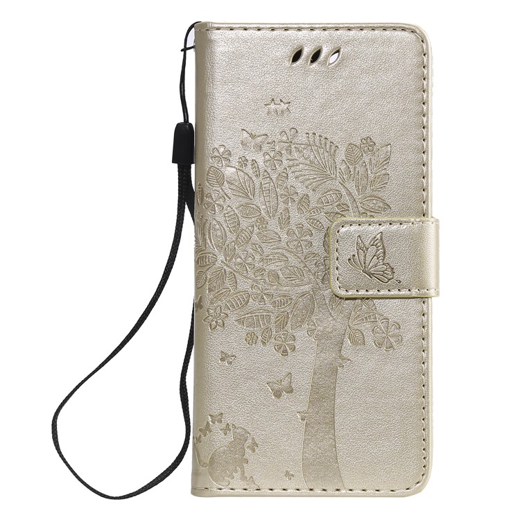 Imprint Cat and Tree Wallet Stand PU Leather Case for Sony Xperia Ace - Gold-2