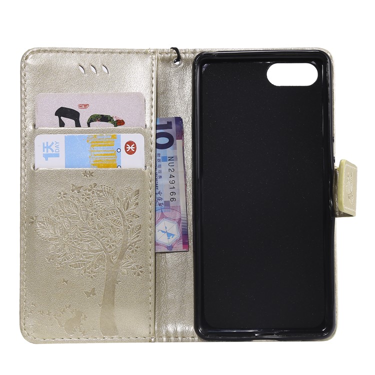 Imprint Cat and Tree Wallet Stand PU Leather Case for Sony Xperia Ace - Gold-4