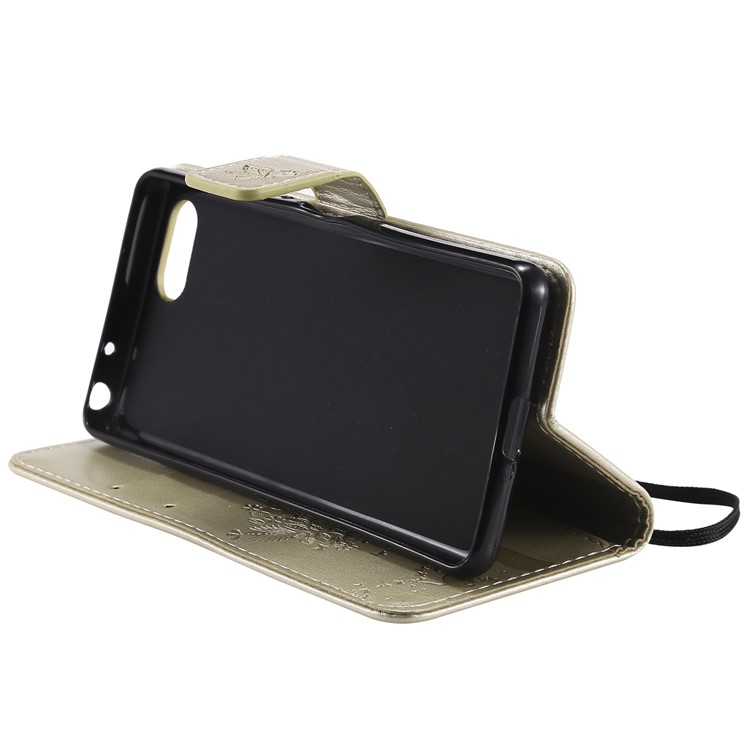 Imprint Cat and Tree Wallet Stand PU Leather Case for Sony Xperia Ace - Gold-8
