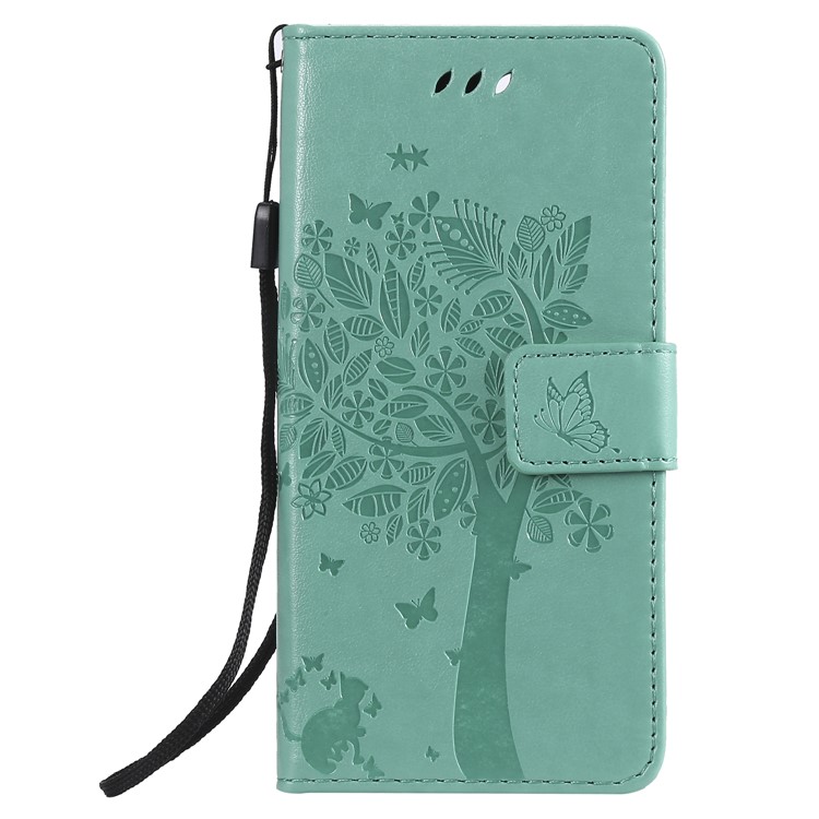 Imprint Cat and Tree Wallet Stand PU Leather Case for Sony Xperia XZ4 Compact - Cyan-2