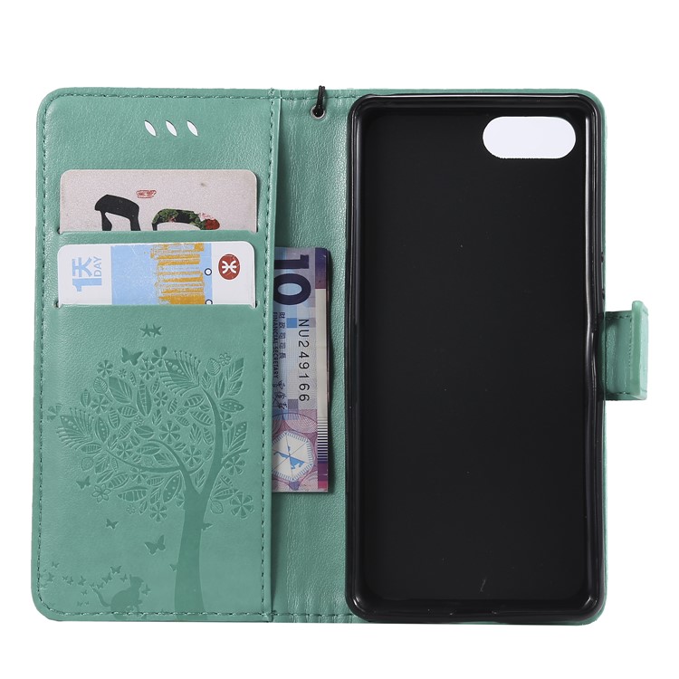 Imprint Cat and Tree Wallet Stand PU Leather Case for Sony Xperia XZ4 Compact - Cyan-4