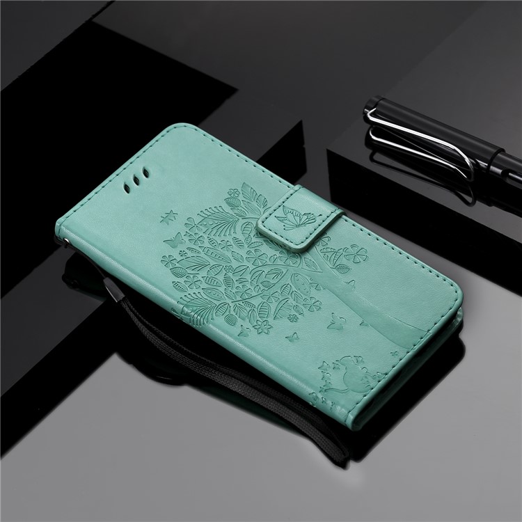 Imprint Cat and Tree Wallet Stand PU Leather Case for Sony Xperia XZ4 Compact - Cyan-8