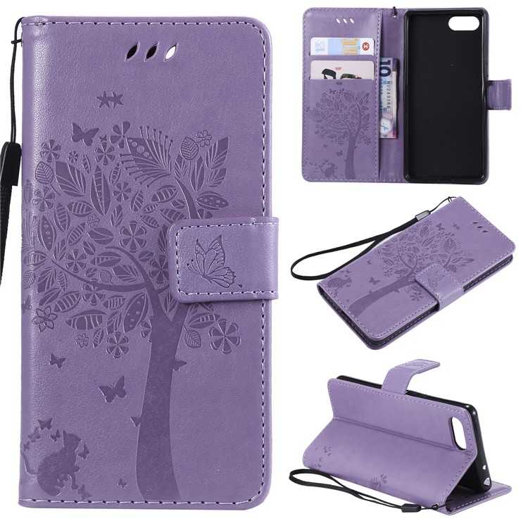 Imprint Cat and Tree Wallet Stand PU Leather Case for Sony Xperia XZ4 Compact - Light Purple-1