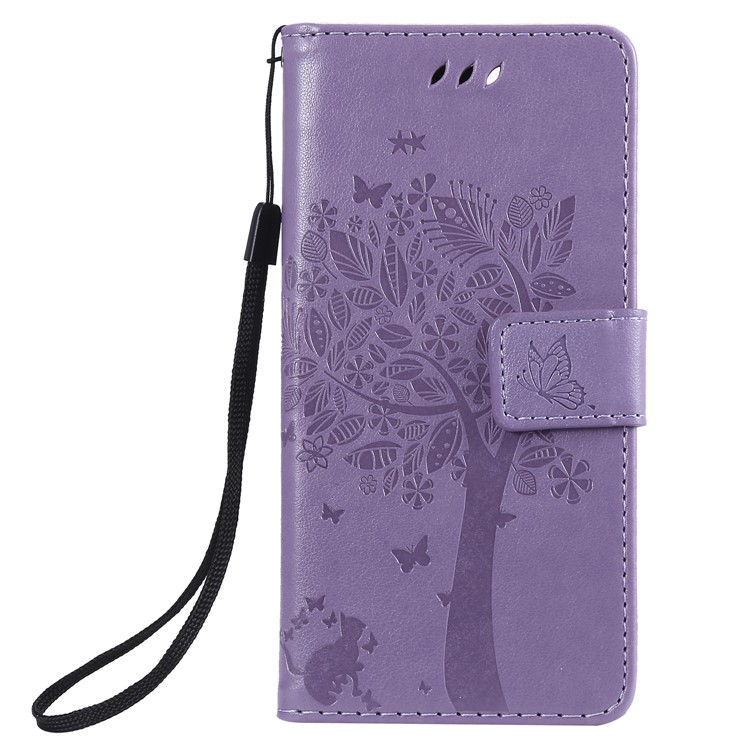 Imprint Cat and Tree Wallet Stand PU Leather Case for Sony Xperia XZ4 Compact - Light Purple-2