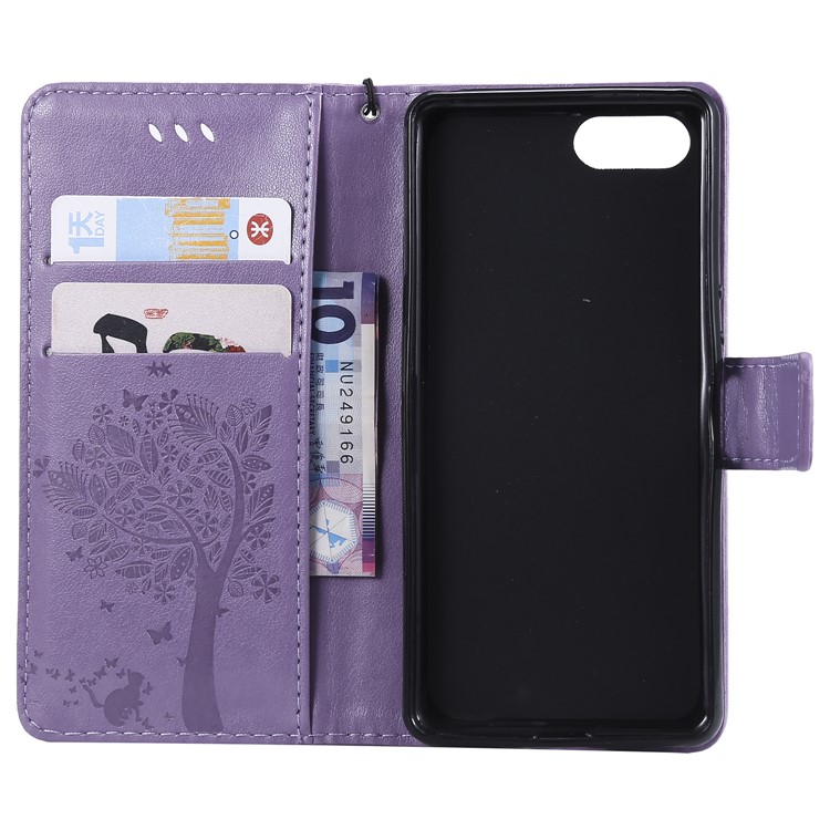 Imprint Cat and Tree Wallet Stand PU Leather Case for Sony Xperia XZ4 Compact - Light Purple-4